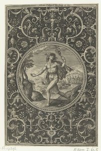 Merkür'ün elinde asasıyla madalyon Paris'in Yargısı'ndan figürlerle madalyonlar (dizi adı) by Adriaen Collaert