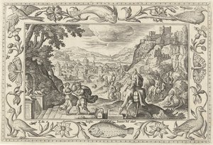 Rebekah ve Eliezer kuyuda İncil, mitolojik sahneler ve av sahneleri içeren manzaralar (dizi adı) by Adriaen Collaert