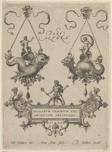 Üstte İki Sarkıt Desenli Başlık Plakası ve Altta Bir Kartuş Üzerinde Duran Neptün, 1582. by Adriaen Collaert
