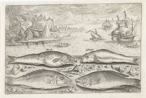 Sahilde dört balık Balık tutma (dizi adı) Piscium vivae simgeleri (seri başlığı) by Adriaen Collaert
