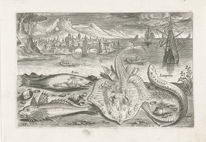 Sahilde dört balık Balık tutma (dizi adı) Piscium vivae simgeleri (seri başlığı) by Adriaen Collaert