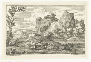 Nehir kenarında büyük bir kaya ile manzara by Adriaen Frans Boudewyns
