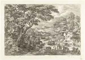 Eve dönüş yolunda avcılarla manzara, uzakta bir kale Avcılarla manzaralar (dizi başlığı) by Adriaen Frans Boudewyns
