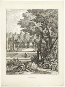 Bahçede bir merdiven üzerinde oturan çift ile manzara by Adriaen Frans Boudewyns