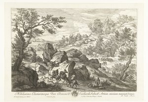 Kayalık bir çıkıntıda binicilerle manzara Avcılarla manzaralar (dizi başlığı) by Adriaen Frans Boudewyns