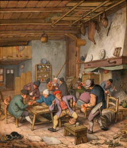 Köylülerin İçtiği, Sigara İçtiği ve Tavla Oynadığı Bir Handaki Oda - Çalışma Adriaen Jansz van Ostade (1610-1685) Kağıt üzerine kalem, tebeşir ve suluboya by Adriaen Jansz. van Ostade