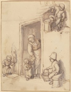 Ön kapıda bir anne ve kızı olan çalışma sayfası, iki erkek çocuk oturuyor. 1660
