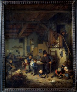 Sahne sınıfının ustası, sevilen geçmişlerden gelen küçük öğrencileri olan eski bir öğretmen. Adrien van Ostade (1610-1685) 1662 Sun tarafından tablo. 0,4x0,32 m by Adriaen Jansz. van Ostade