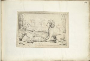 Av ekipmanlarının yanında köpek ve manzarada yağma by Adriaen Matham (signed by artist)