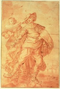 Buz Üzerinde Paten Yapan Bir Hanımefendi ve Beyefendi, 1625 dolayları (kağıt üzerinde kırmızı tebeşir) by Adriaen Pietersz van de Venne