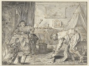 Karısı Ocağın Yanında Otururken Yeri Temizleyen Adam by Adriaen Pietersz van de Venne