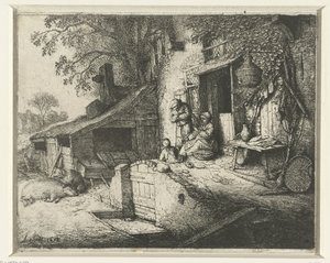 Evin önünde dönen kadın Kapıdaki dönen kadın by Adriaen van Ostade (signed by artist)