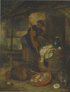 Bir Kapının Yanında Varil ve Sebzeli Bir Hizmetçi by Adriaen Jansz. van Ostade