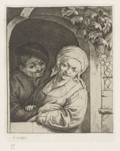 Çiftçi ve çiftçinin karısı kapıda bir aşk çifti olarak by Adriaen van Ostade