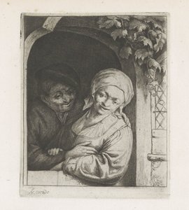 Çiftçi ve çiftçinin karısı kapıda bir aşk çifti olarak by Adriaen van Ostade