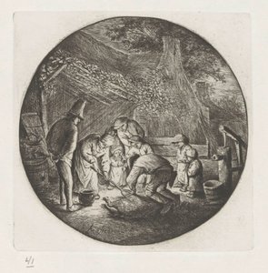 Çiftçi ailesi bir domuzun katledilmesinde by Adriaen van Ostade