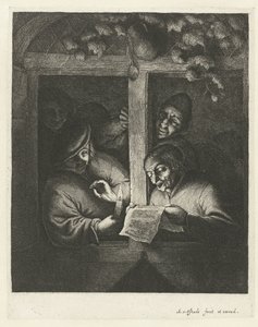Üç adam açık bir pencerede mum ışığında bir yaprak kağıttan şarkı söylüyor retorikçiler by Adriaen van Ostade