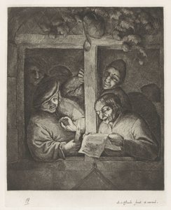 Üç adam açık bir pencerede mum ışığında bir yaprak kağıttan şarkı söylüyor by Adriaen van Ostade