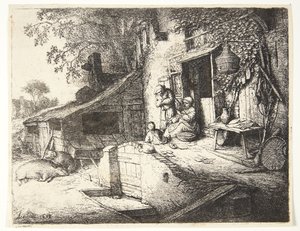 Bir çiftlik evinin önünde dönen kadın by Adriaen van Ostade