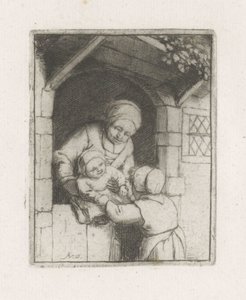 Bir kapıda iki çocuklu anne by Adriaen van Ostade