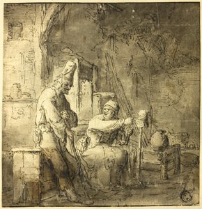 Kulübede Yaşlı Köylü Çift by Adriaen van Ostade