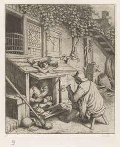Evinin önündeki dükkanda kunduracı ve bir müşteri by Adriaen van Ostade