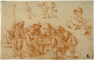 Zar Oynayan ve Paten Yapan Köylü Eskizleri; Kızak üzerinde çocuk taslağını by Adriaen van Ostade