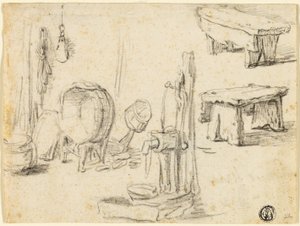 Pompa, Leğen ve Bankların Eskizleri by Adriaen van Ostade
