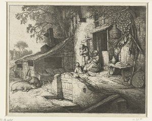 Evin önünde dönen kadın kız kurusu by Adriaen van Ostade