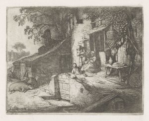Evin önünde dönen kadın by Adriaen van Ostade