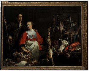 Elinde Punt Silahı olan bir Bekçi ve Kilerde ölü bir Tavşanı tutan bir Hizmetçi by Adriaen van Utrecht