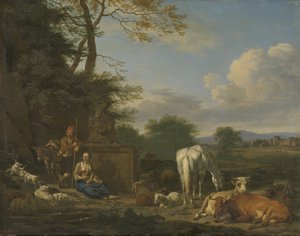 Dinlenme Çobanlar ve Hayvanlar ile Arkadya Manzarası, 1664 (panelde tuval üzerine yağlıboya) by Adriaen van de Velde