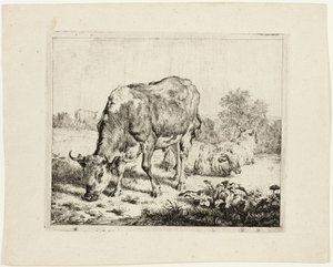 Otlayan Boğa ve Üç Koyun by Adriaen van de Velde