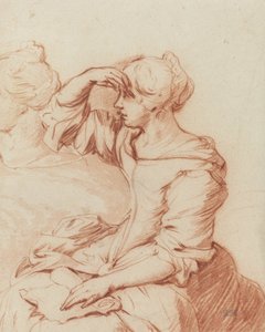 Elini gözlerinin üzerinde tutan oturan kadın (fırça ve tebeşir çizimi) by Adriaen van de Velde