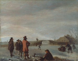 Donmuş bir nehirde bir grup golfçünün olduğu kış manzarası, 1654-72 dolayları (panel üzerine yağlı boya) by Adriaen van de Velde