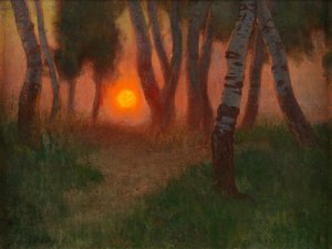 Ağaçlık Bir Peyzajda Gün Batımı (panelde yağlı boya) by Adrian Scott Stokes