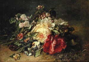 Gül ve Hercai Menekşeli Natürmort (tuval üzerine yağlı boya) by Adriana Joanna Haanen