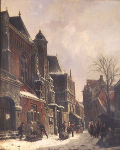 Bir kilisenin figürleriyle Hollandalı bir sokak sahnesi by Adrianus Eversen