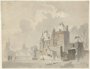 Bir şehrin yakınındaki hayali(?) bir kalenin görünümü by Adrianus Eversen