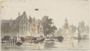Kanal ile şehir manzarası by Adrianus Eversen
