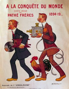 Pathe kardeşler hakkında poster: “A la conquete du monde” Charles Pathe ve kardeşi Emile, fonograf ve projektör takıyorlar. Adrien Barrere (1877-1931) 20. yüzyıl Paris, Arsenal kütüphanesi çizimi