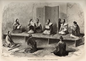 Edo'daki (bugünkü Tokyo) bir savaş konseyi, meiji restorasyonundan (1868) hemen önce daimioların (veya daimyoların: Japon soylularının) bir ayaklanmasıyla yüzleşmek için taikoun (zamansal gücün başı) subaylarını bir araya getiriyor. A.Marie'den son by Adrien Emmanuel Marie
