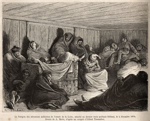 L'interieur du van des aerostiers militaires des armes de la Loire, hepsi uykuda, 5 Aralık 1870'de Orleans'tan ayrılan son trene bağlı, A.Marie'nin, Gaston Tissandier'in hava gemisi enkazları üzerine bir çalışmasını gösteren çiziminden  by Adrien Emmanuel Marie