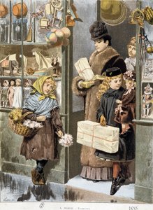 Zenginlerin çıktığı bir oyuncakçının çıkışında küçük buketler satan zavallı kız (Noel için alışveriş mi yapıyor?) - Adrien Marie