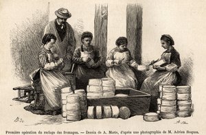 Peynirlerin ilk kazıma işleminde, şaraphaneden sekiz gün sonra, peynirin yüzeyinde oluşan tüyler, mahzenden alınan taze hava ile daha iyi temas sağlamak için çıkarılır, sığırları beslemek için kullanılır, kıç oyma by Adrien Emmanuel Marie