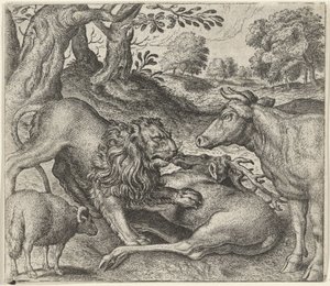 Aslan, İnek ve Avdaki Koyun Masalı by Egidius  Sadeler (II)