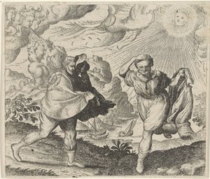 Rüzgar, güneş ve yürüyenlerin masalı by Egidius  Sadeler (II)