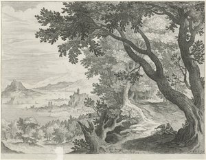 Bir ağacın altında iki figürlü manzara by Egidius  Sadeler (II)