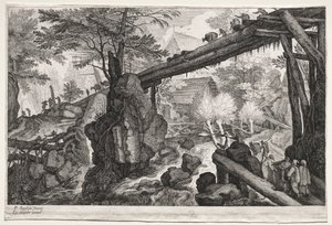 Sekiz Bohem Manzarası: Katarakt Üzerindeki Kütük Köprülü Manzara, c. 1610-1615. by Aegidius Sadeler or Saedeler