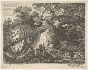 Bir ağaç gövdesine oturmuş, iki yanında iki keçi olan bir değnek tutan bir adam, surro..., yakl. 1600.